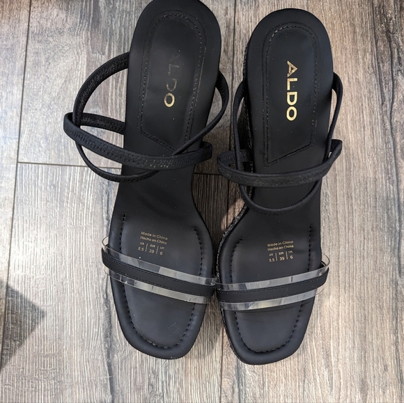 Aldo Size 8.5 Black Wedge Strappy Sandals Woven Platform Bodish - Picture 6 of 9